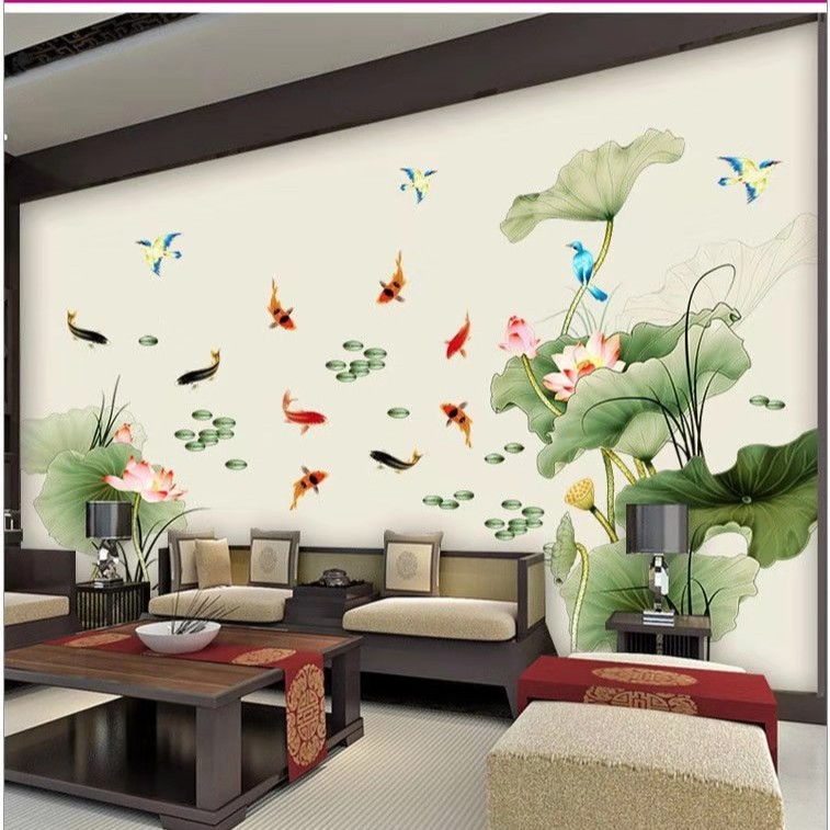 [ Best seller] Decal dán tường Đầm sen và cá chép Amy - Decal cao cấp Free ship 50k