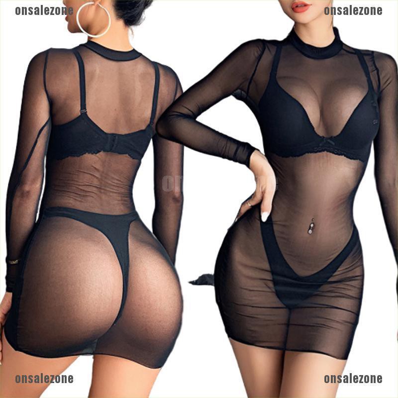 [onsalezone]Women Sexy Sheer Mesh Swim Cover-Up Bathing Suit Clubwear Beach Mini Dress