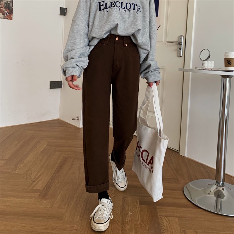 Xiaozhainv Quần Jean Ống Suông Lưng Cao Màu Nâu Thời Trang Hàn Quốc Cho Nữ