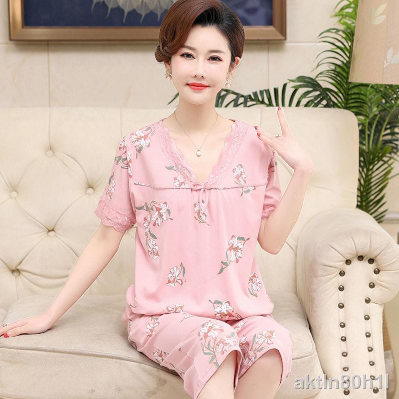 Pyjama cho phụ nữ trung niên và cao tuổi, cotton ngắn tay, size lớn, kiểu mỏng, bộ đồ phục vụ ở nhà người niên, mẹ