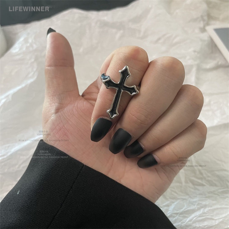 Nhẫn Hở Hình Chữ Thập Màu Đen Phong Cách Gothic Vintage Có Thể Điều Chỉnh Cho Nam Và Nữ