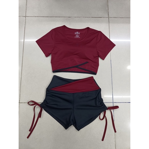 Set bộ đồ tập áo croptop vạt chéo quần đùi rút dây cạp V phối màu tập gym,yoga,nhảy Zumba, aerobic,đi bơi đi biển nữ