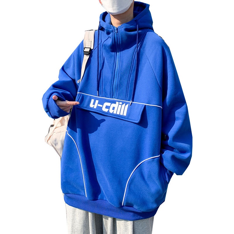 Áo hoodie nỉ dáng rộng phối khóa kéo