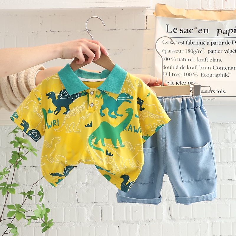 Set Đồ 2 Món Gồm Áo polo Và Quần Short denim In Hình Khủng Long Hoạt Hình Dành Cho Bé Trai 0-5 Tuổi