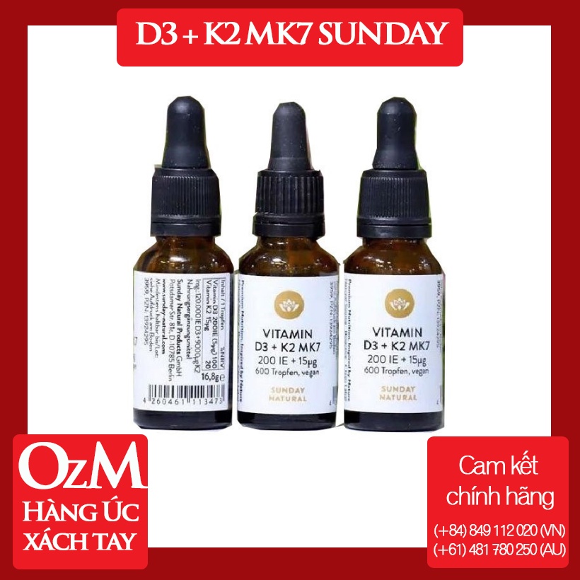 Vitamin D3 K2 MK7 Sunday Natural 20ml OzM Hàng Úc tăng chiều cao &amp; sức khỏe cho bé