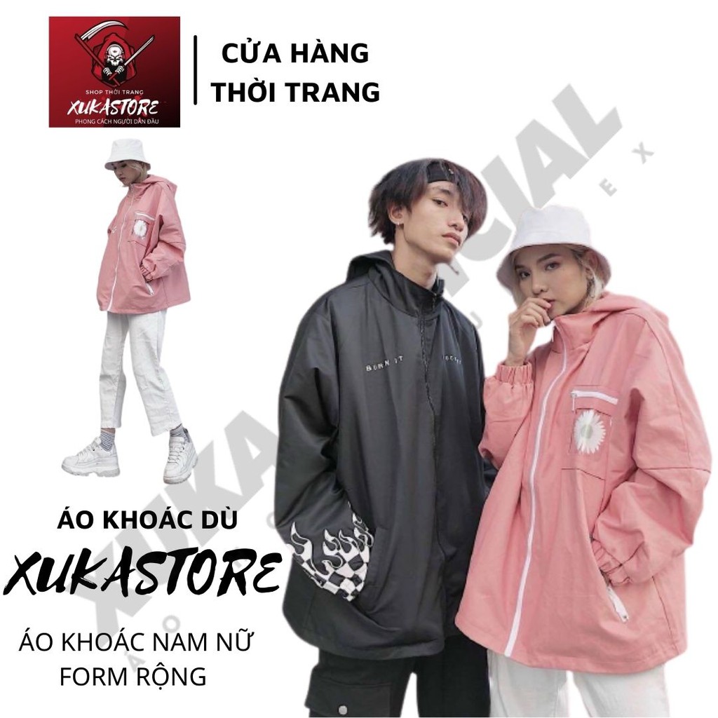 Áo khoác dù in hình hoa cúc SAVA dành cho nam cho nữ có mũ, jacket form rộng có 2 màu unisex ulzzang XUKA SHOP