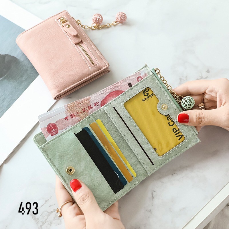 VÍ NGẮN NỮ CẦM TAY CAO CẤP 493 KHÓA ĐÍNH HẠT CHÂU SIÊU DỄ THƯƠNG