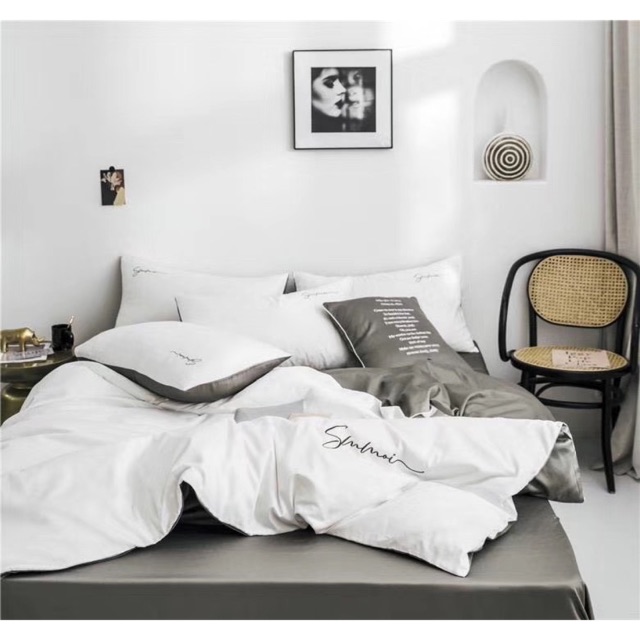 BỘ CHĂN GA GỐI LỤA TENCEL SUMOI TRẮNG PHỐI