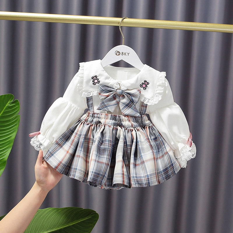 Set áo sơ mi và chân váy yếm kẻ sọc ca rô thời trang mùa thu xinh xắn dành cho bé gái E21390