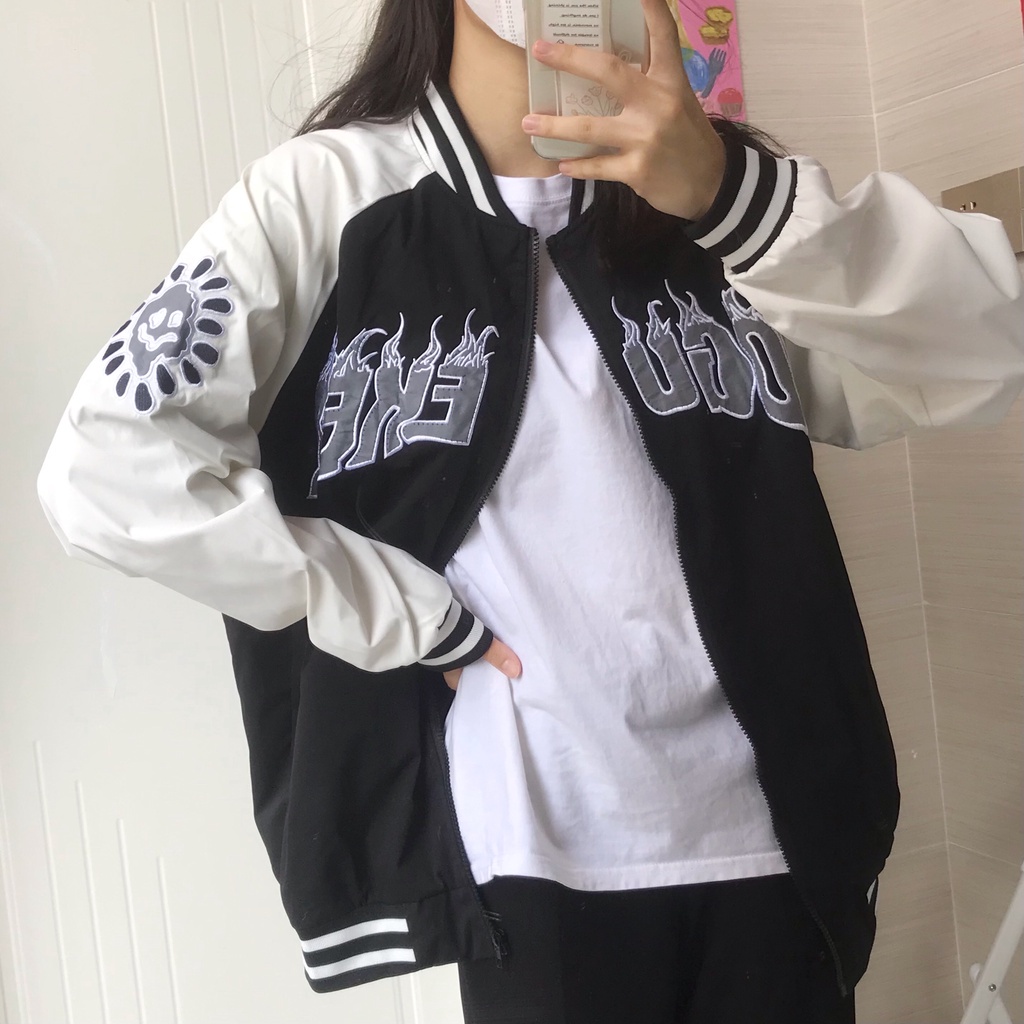 Áo khoác bóng chày dáng rộng phối khóa kéo thêu họa tiết kiểu Hàn Quốc cá tính cho học sinh
