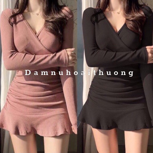 Váy body nhún đuôi cá tay dài cổ đắp với thiết kế dáng ôm màu hồng ruốc và đen- Đầm Nữ Hoài Thương - Hàng nhập khẩu