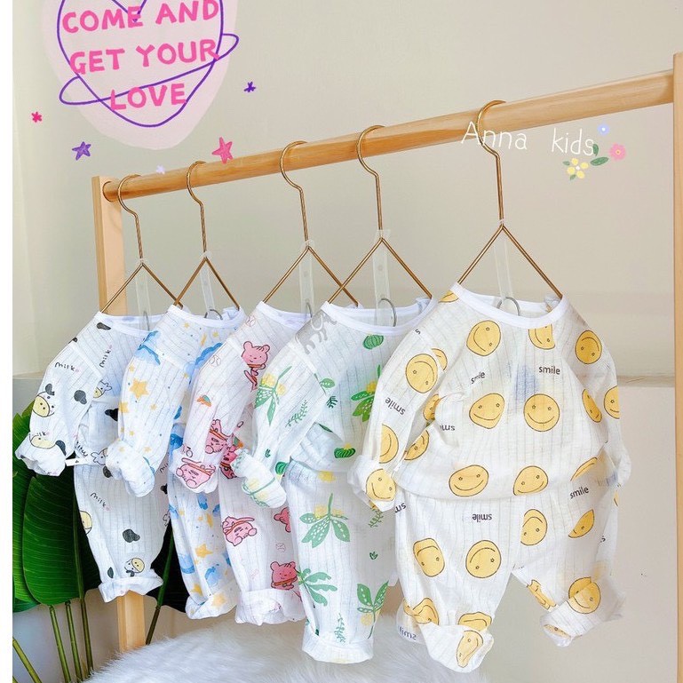 COMBO 5 Bộ Cotton Giấy Dài Tay Khuy Vai Cho Bé Trai Bé Gái 4-14Kg, Bộ Cotton Giấy Dài Tay Họa Tiết Đáng Yêu