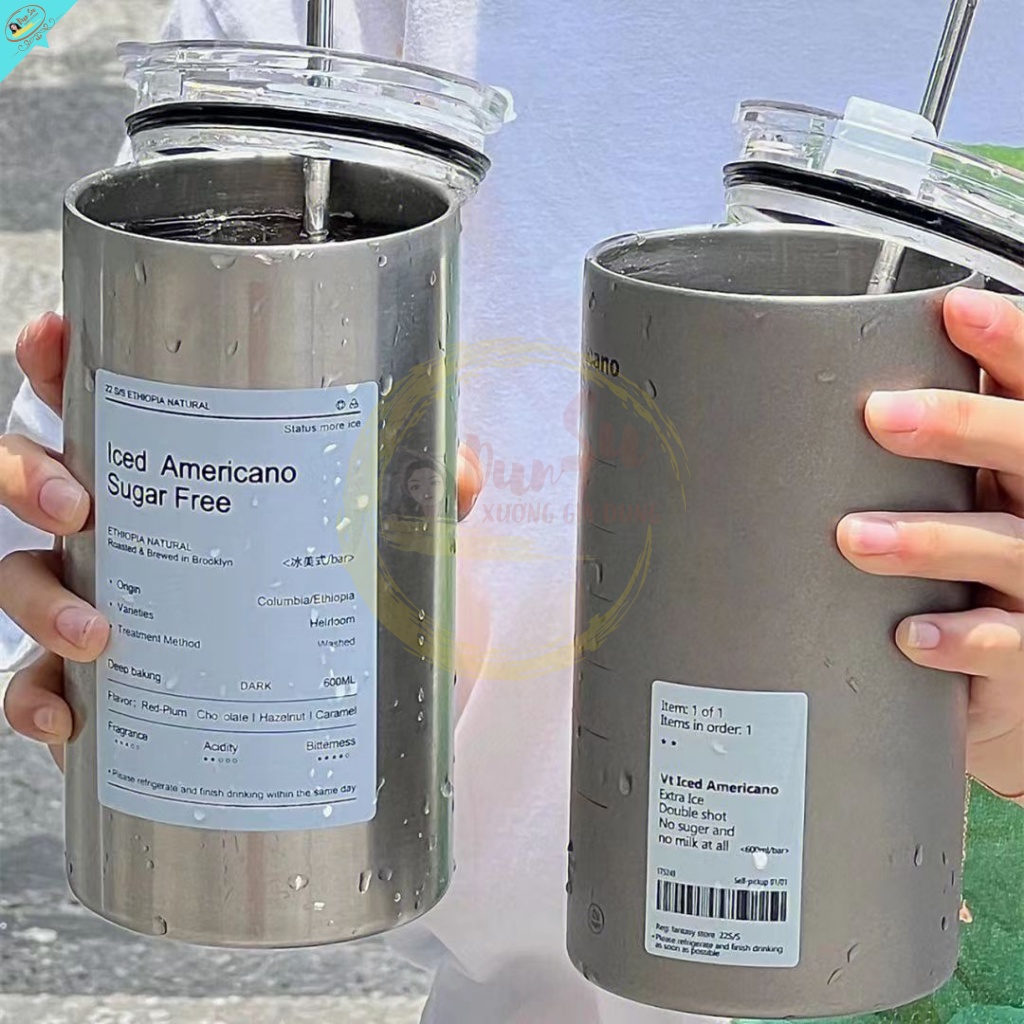 Cốc cà phê giữ nhiệt Iced Americano Ly inox giữ nhiệt có ống hút Bình uống nước giữ nhiệt bằng thép không gỉ 600ml DunSu