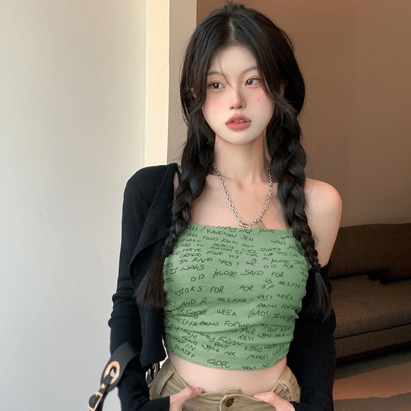 Áo Hai Dây Ôm Ngực In Chữ Phong Cách Hàn Quốc Ngọt Ngào