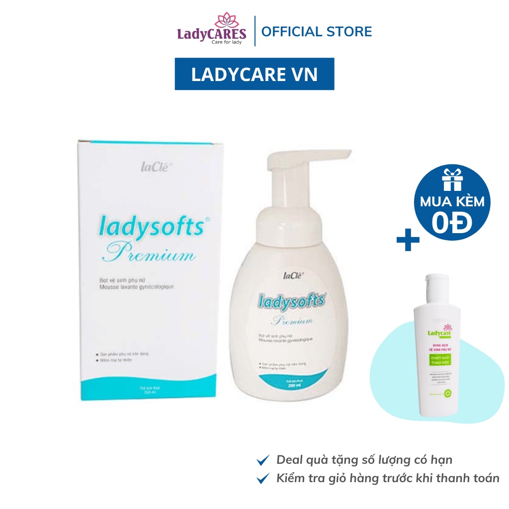 Bọt rửa phụ khoa LaClé ladysoft premium 250ml - Tặng kèm dung dịch vệ sinh phụ nữ laclé ladycare 100ml