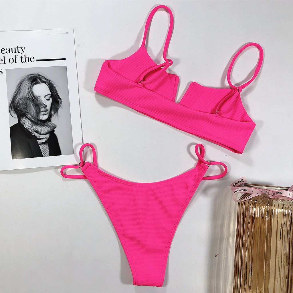 [BKN597] &lt;ÂU&gt; SET BIKINI CỔ V VẢI GÂN XANH NEON/CAM/HỒNG