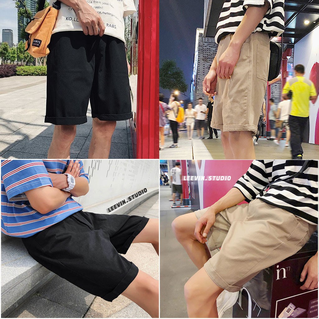 Quần Short Nam Nữ Kaki Basic Unisex - Kiểu quần đùi nam nữ co dãn màu đen và be Ulzzang Leevin Store | BigBuy360 - bigbuy360.vn