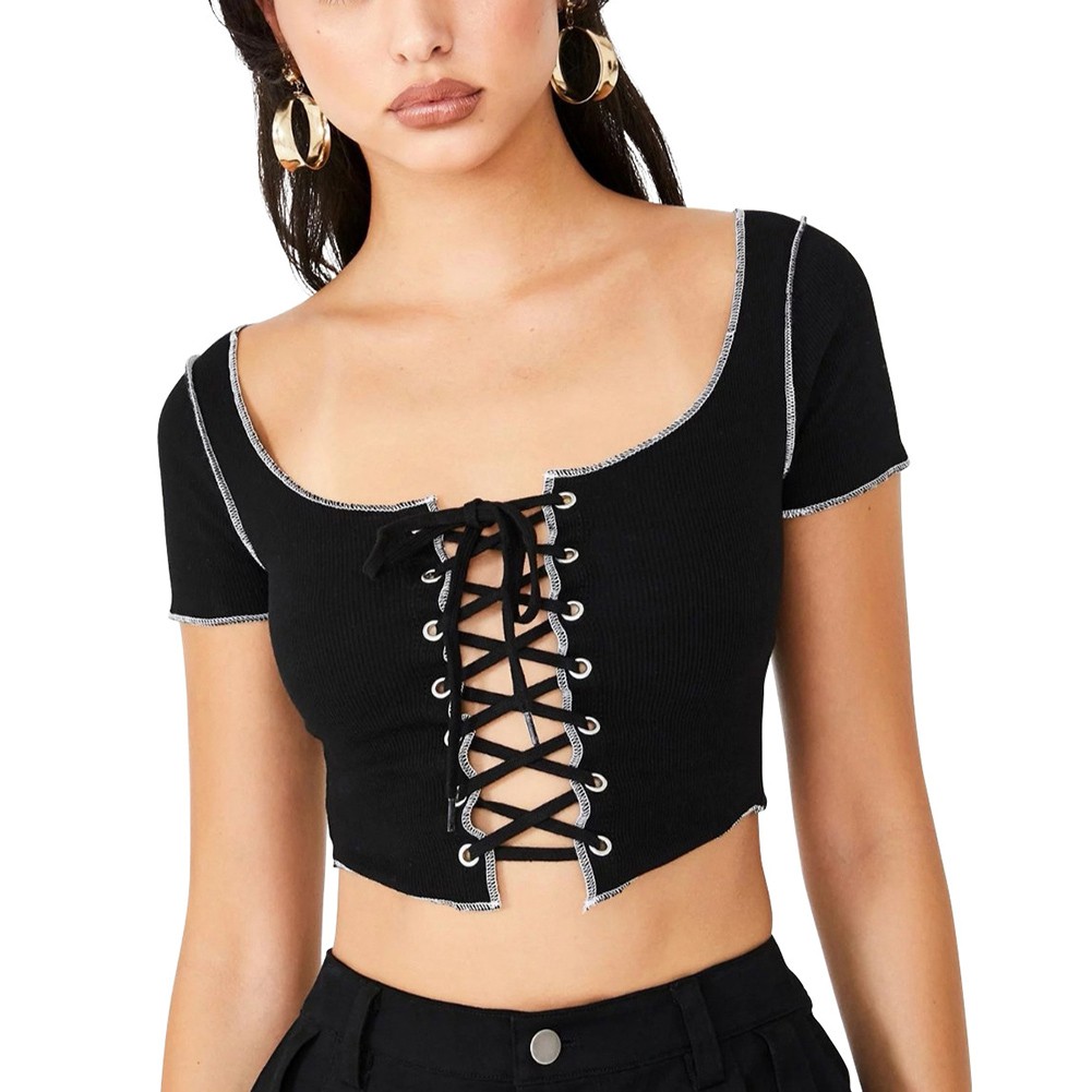 Áo Thun Croptop Dáng Ôm Phối Dây Cột Ngực Phong Cách Harajuku Thời Trang Mùa Hè Cho Nữ