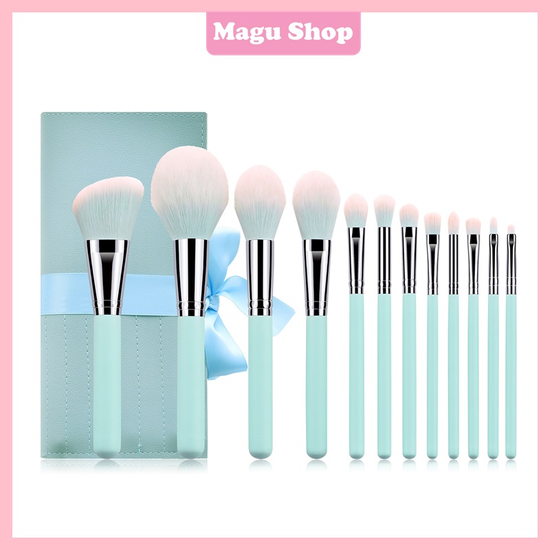 Bộ cọ trang điểm cá nhân 12 cây xanh ngọc có bao đựng như hình đi kèm, cọ makeup lông mềm mã C12-Xanh