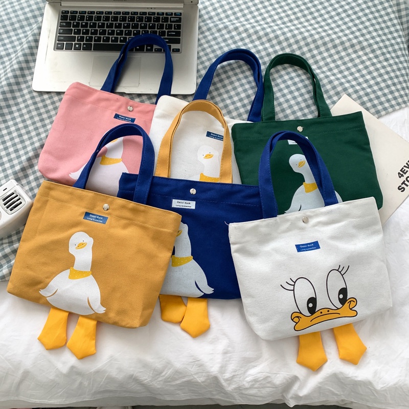 Túi Vải Xách Tay Họa Tiết Con Ngỗng Hoạt Hình Đáng Yêu