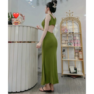 Đầm lụa 3 lỗ hở lưng dáng dài xòe dưới nhẹ cực xinh , chất thun lụa mềm mịn