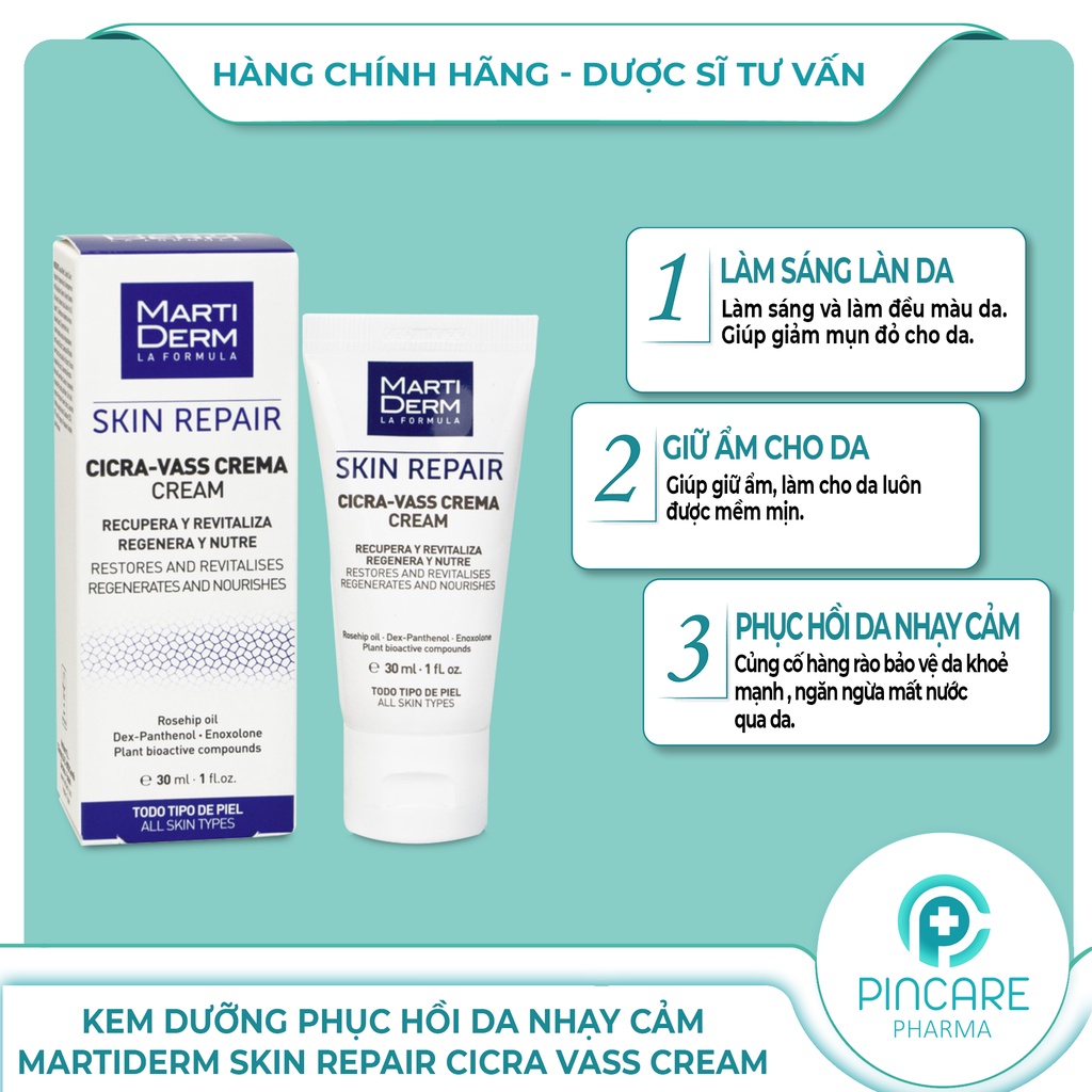 Kem dưỡng phục hồi da MartiDerm Skin Repair Cicra Vass Cream 30ml cho da nhạy cảm - Hàng chính hãng - Nhà thuốc PinCare