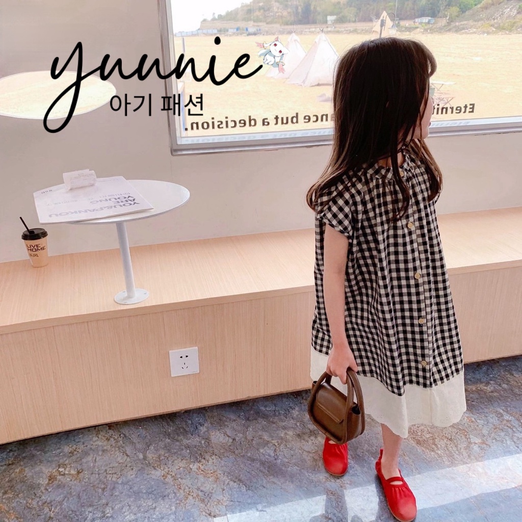 Váy cho bé gái YUUNIE chân thêu phối kẻ caro cho trẻ em 1 2 3 4 5 6 7 8 9 10 tuổi