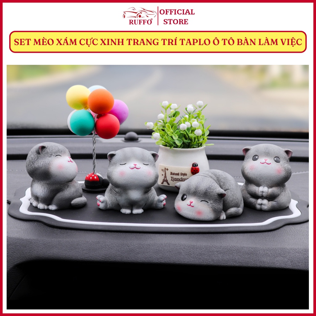Phụ Kiện Trang Trí Ô Tô Set Mèo Xám Dễ Thương Ruffo Decor Taplo Nội Thất Xe Hơi Bàn Làm Việc Phòng Khách Cao Cấp Giá Rẻ