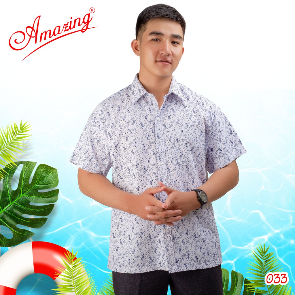 Áo somi nam hoa văn Amazing, dáng rộng, tay ngắn, vạt ngang, dành cho người trung niên, size đại tới 105kg