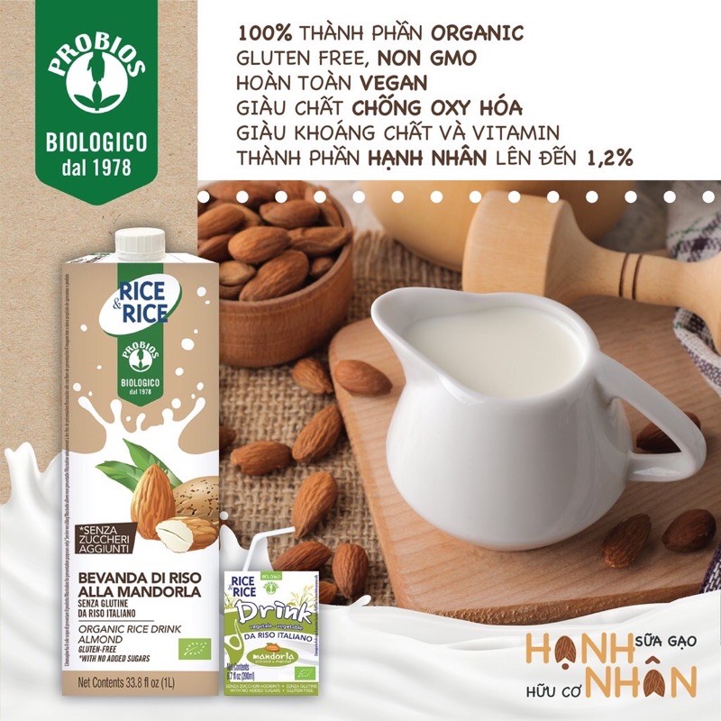 Sữa Gạo Hạnh Nhân Hữu Cơ 1L Probios Ý