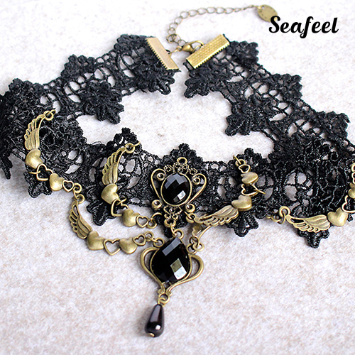 SF Vòng Cổ Choker Ren Hoa Đính Đá Hình Giọt Nước Phong Cách Gothic Cho Nữ