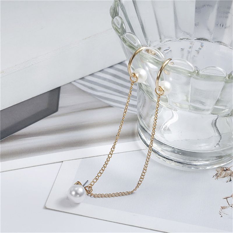 Khuyên kẹp vành tai phối sợi xích dài đính ngọc trai cá tính cho nữ