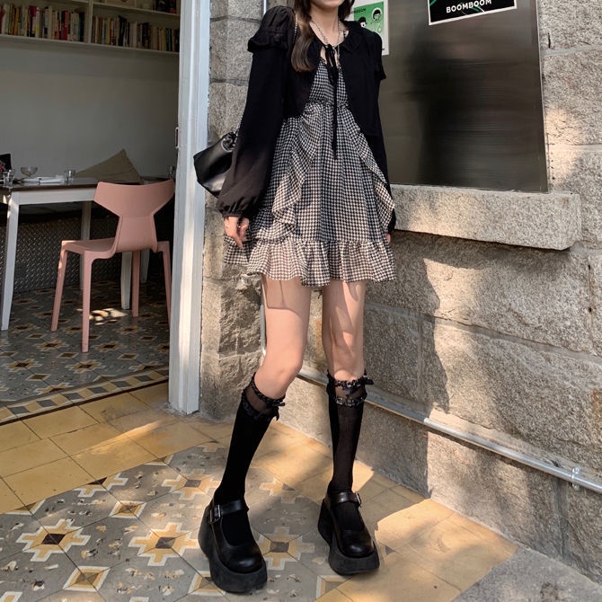 Set Áo Khoác Cardigan Dài Tay Và Đầm Hai Dây Họa Tiết Ca Rô Thời Trang Dành Cho Nữ