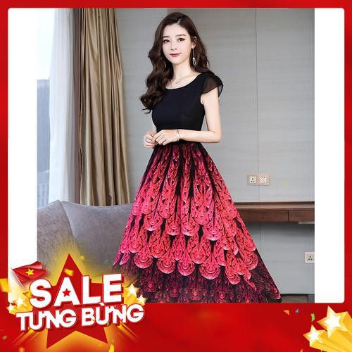 (BST) HÀNG NHẬP - ĐẦM XÒE CHÂN VÁY IN HỌA TIẾT LÔNG CHIM MÀU ĐỎ