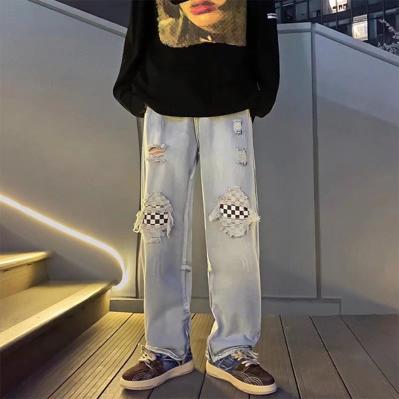 Quần jean nam rách chất vải bò jean baggy nam dáng suông kẻ sọc in lỏng quần tây nam đơn giản khâu quần jean đôi thời trang