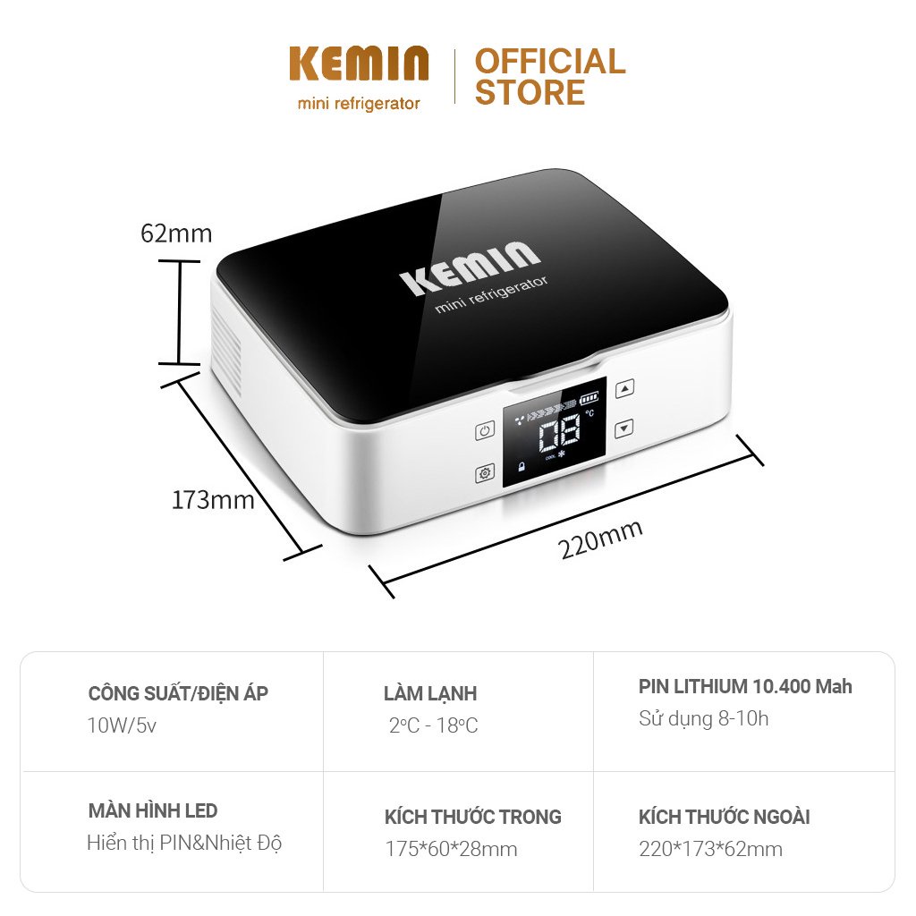 Hộp lạnh di động Kemin K1 Pin 10400mah- Bảo quản Insulin, vacxin, thuốc, filer,botox- Tặng kèm túi đeo