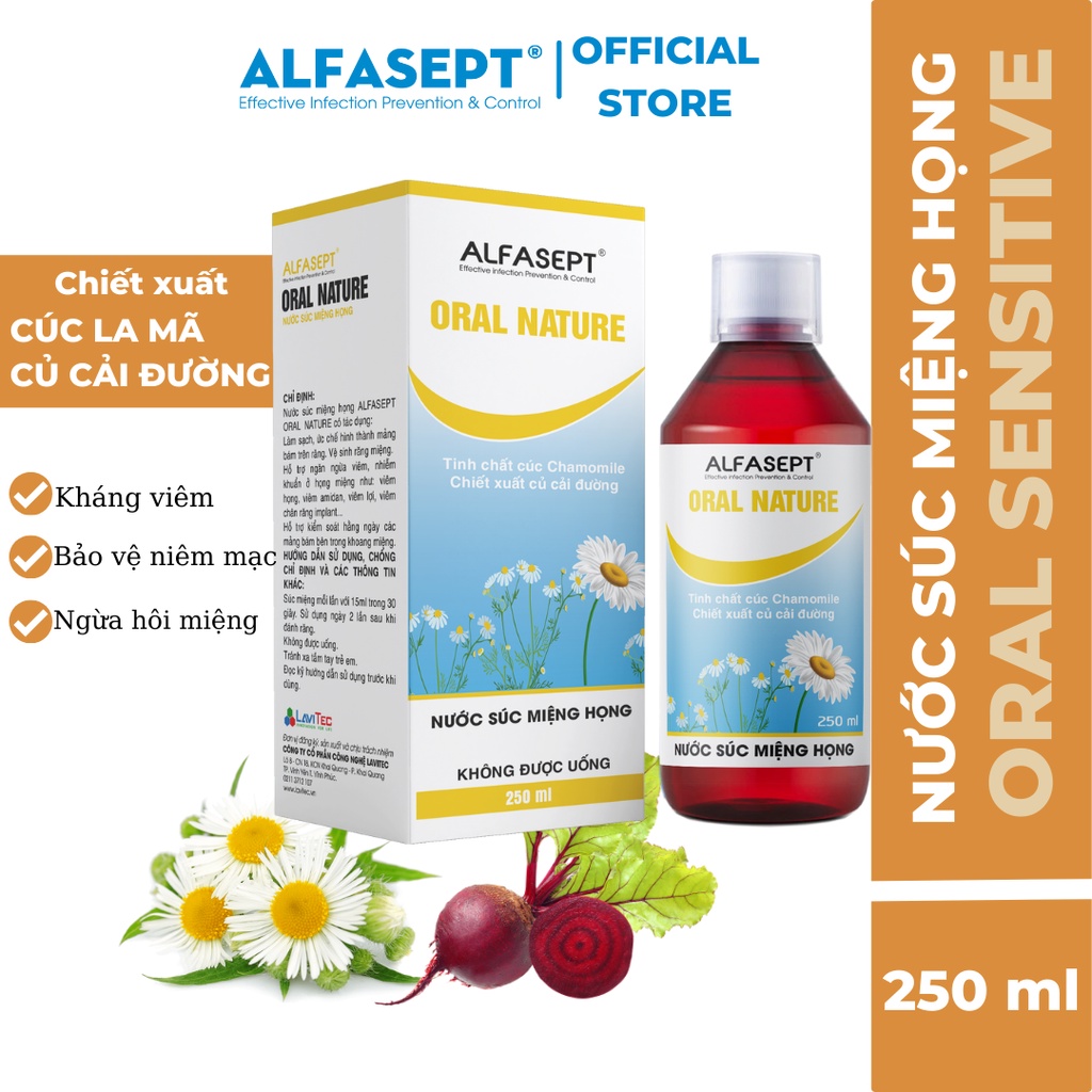 Nước Súc Miệng ALFASEPT Oral Nature Chiết Xuất Từ Cúc La Mã Giúp Giữ Ẩm Và Ngăn Ngừa Hôi Miệng Lọ 250ml