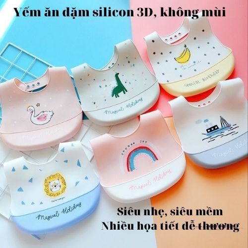 Yếm ăn dặm silicon cho bé, yếm có máng Cao Cấp siêu mềm nhẹ không bám bẩn in nhiều hình thú dễ thương