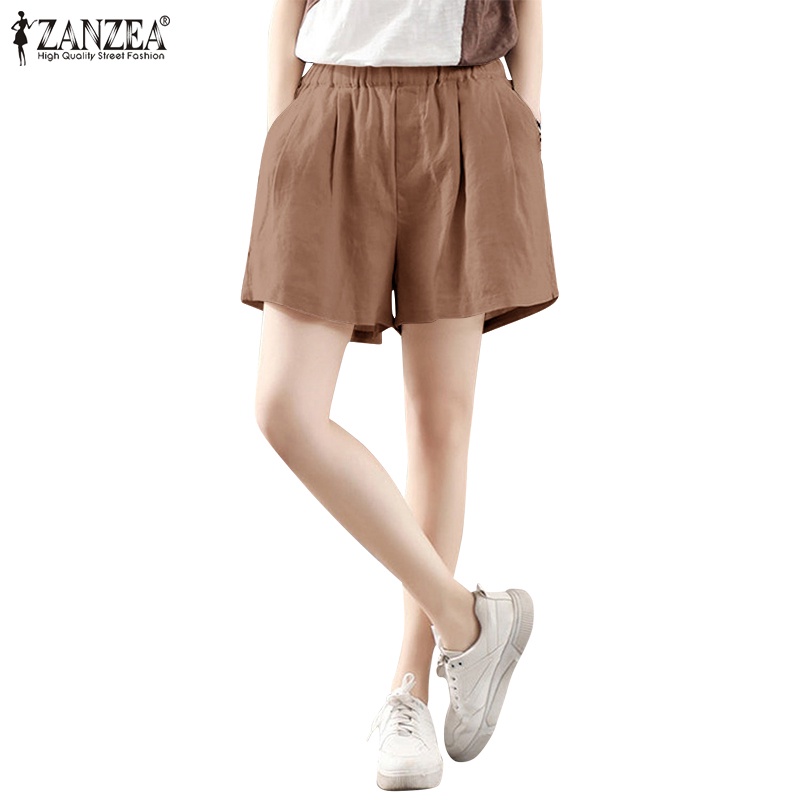 ZANZEA Quần ngắn ống rộng Lưng Thun Màu Trơn Thời Trang Cho Nữ