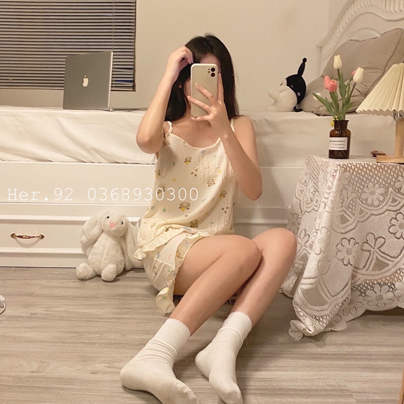 Bộ ngủ hai dây chất đũi xốp Hàn mặc nhà siêu xinh chất mát chào hè