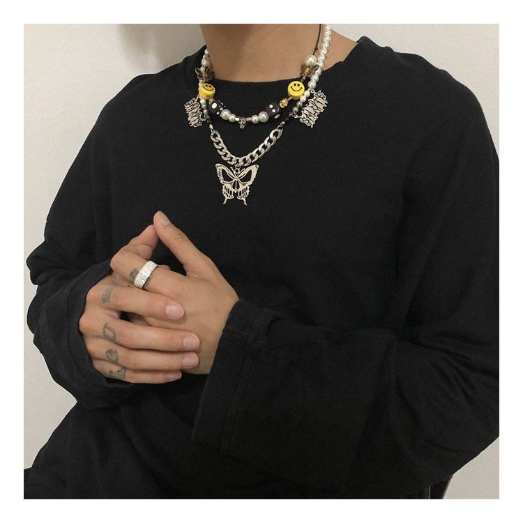 Dây chuyền mặt đầu lâu phối bướm và xúc xắc gốm sứ phong cách hiphop thời trang dành cho nữ