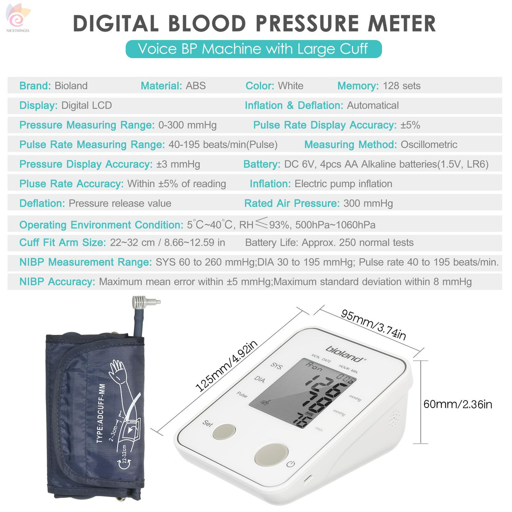 ET Bioland Upper Arm Automatic Blood Pressure Monitor Digital Blood Pressure Meter Voice BP Machine with Large Cuff Fits 8.5-inch to 12.5-inch Arms Supports 128 Sets of Data and Irregular Heartbeat Detection for Home Use