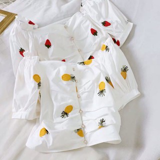 Áo Voan Kiểu Bẹt Vai Form Croptop In Hình Trái Cây Siu Dễ Thương TTS0758