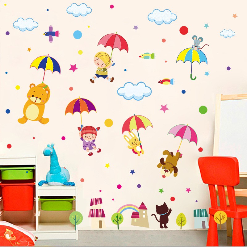 Decal dán tường - Giấy dán tường - Bé chơi ô và cầu vồng - kiddecals