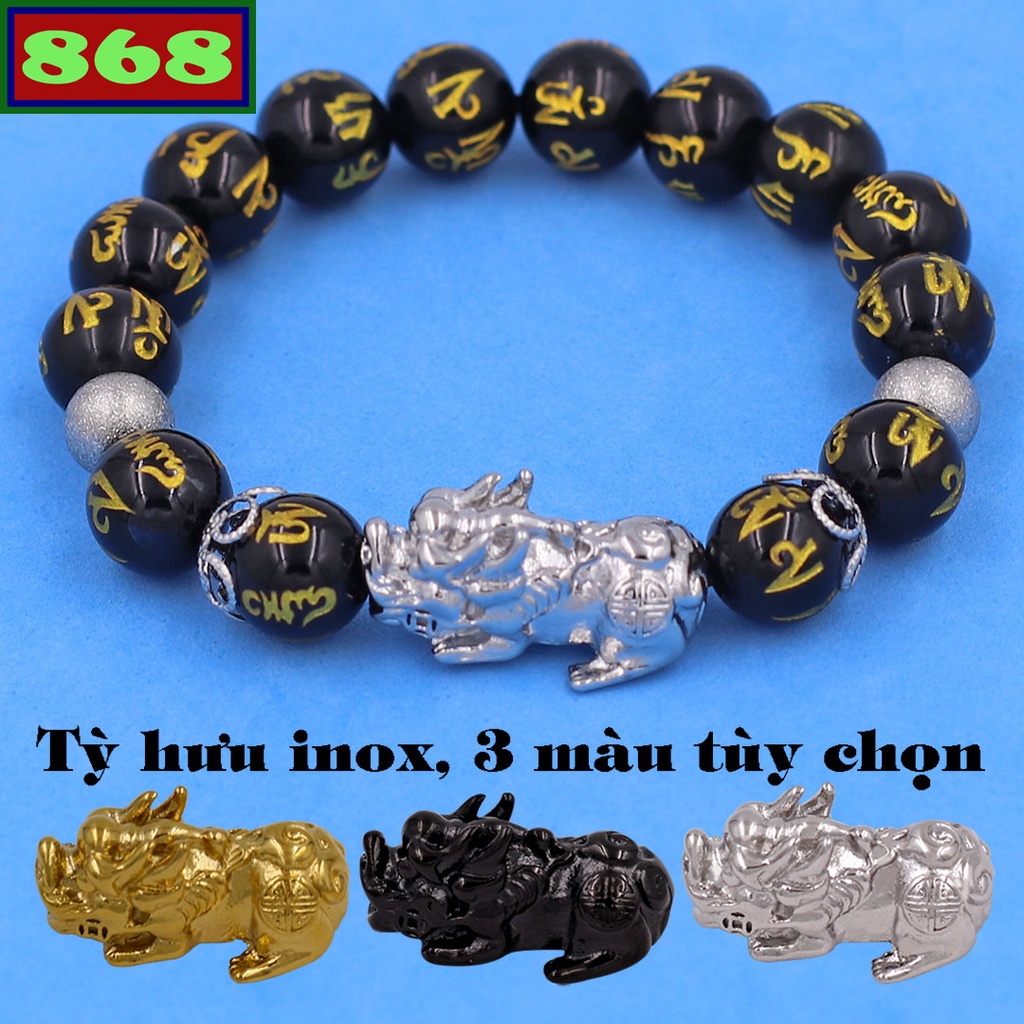 Vòng chuỗi đeo tay đá đen khắc Lục tự kim ngôn vàng charm tỳ hưu inox, bi inox, khía bông inox, từ hạt 8 ly đến 12 ly
