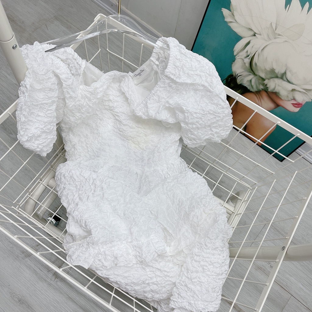 Váy xốp trắng cổ vuông tay bồnghot hit, tiểu thư, cá tính - Hàng có sẵn - Xưởng may Lộc Vân - V45