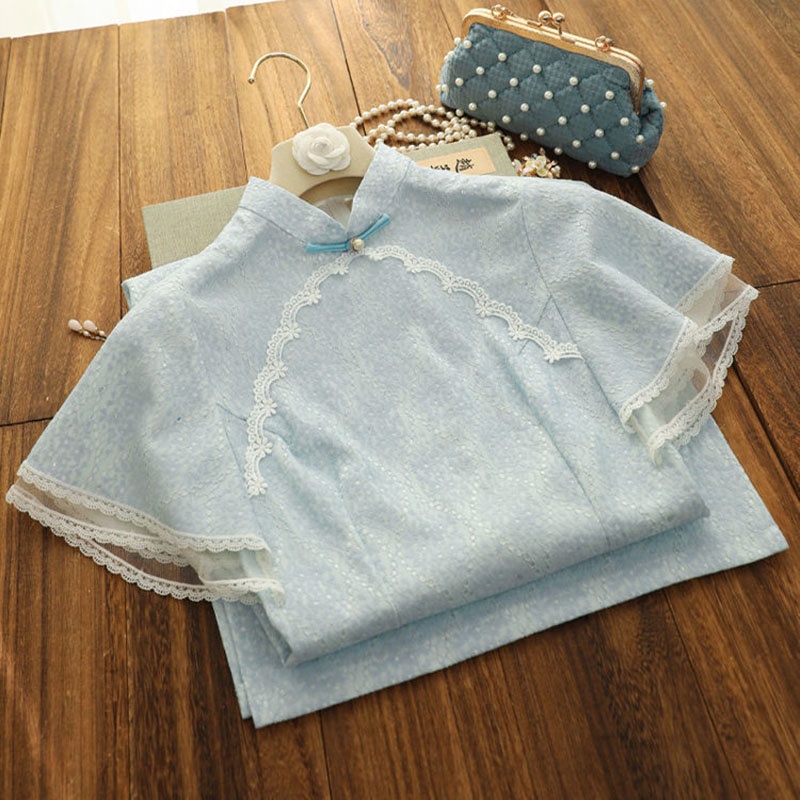 Đầm Sườn Xám Tay Rộng Phối Ren Màu Xanh Nhạt Mềm Mại Phong Cách Cổ Điển Thanh Lịch Size S Đến 3XL