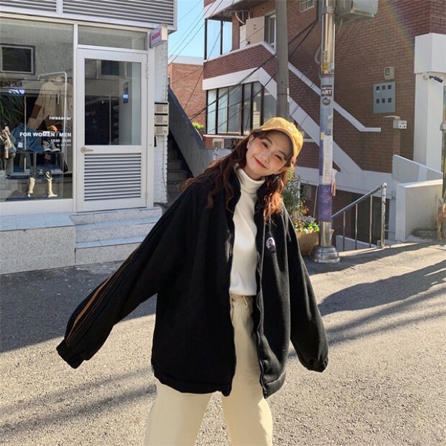 Áo khoác nỉ tay sọc ulzzang 2 màu xám rêu, đen