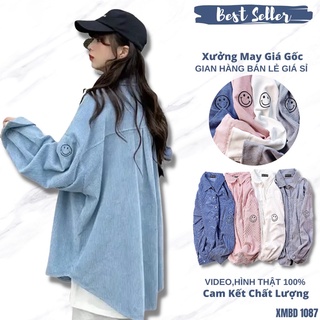 Áo sơ mi kaki nhung tâm quảng châu thêu mặt cười form rộng vạt bầu tay phồng SM MẶT CƯỜI - XMBD 1087