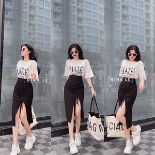 SET Áo phông trắng kèm Chân váy xẻ rút dây⚡️Ảnh thật